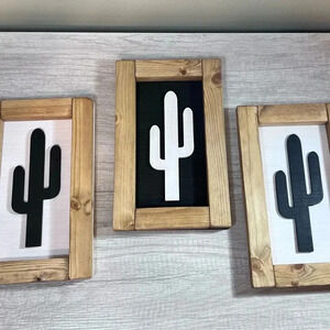 Handcrafted Trio of Cactus Wood Accent Signs
